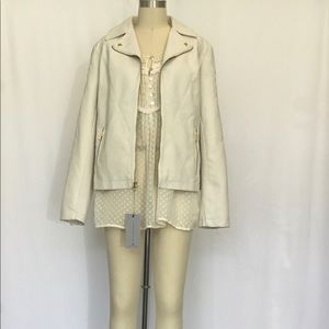 Marc New York Moto Jacket Embroidered Sleeves Cream Faux Leather Biker Chic L